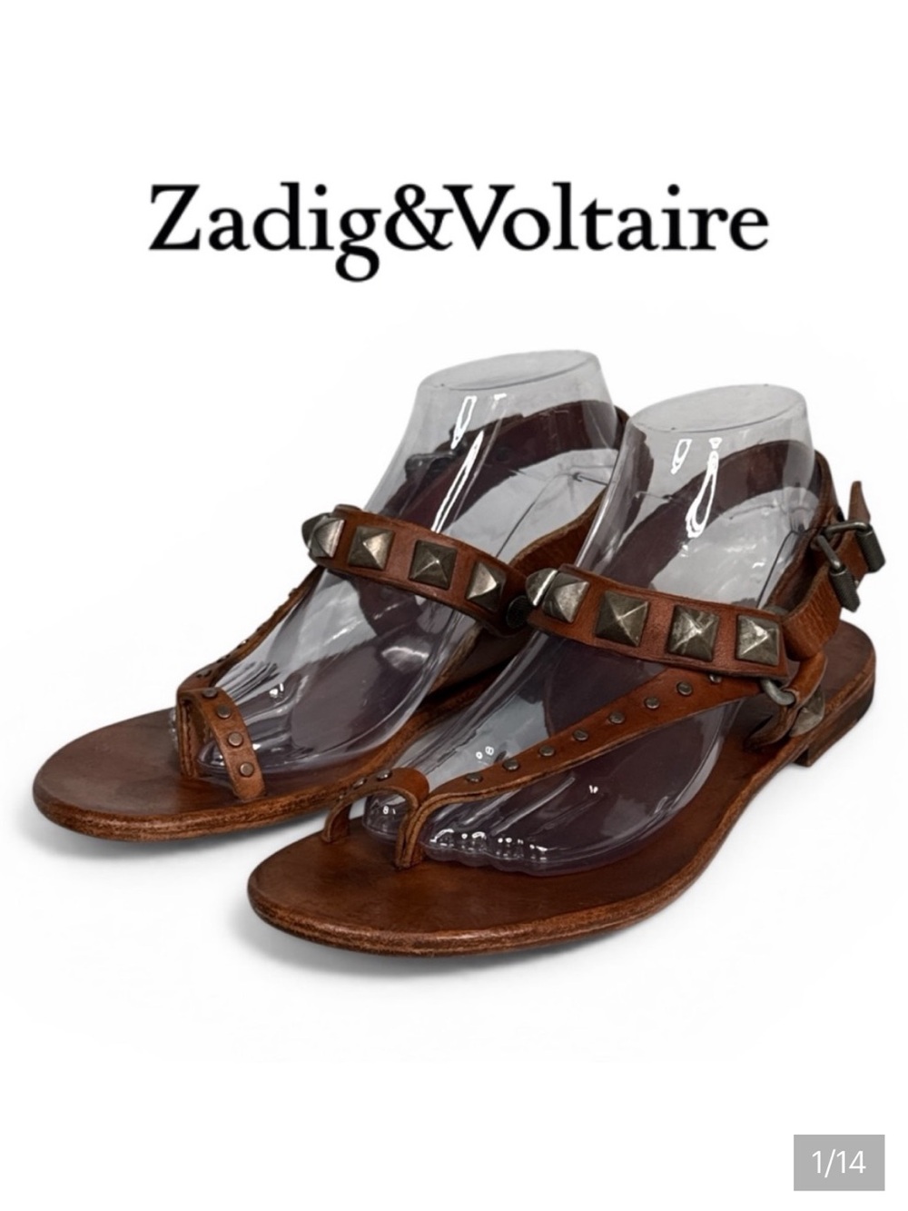 ZADIG & VOLTAIRE RIOT FLAT STUDDED COGNAC BURNISHED LEATHER GLADIATOR SANDALS 10
